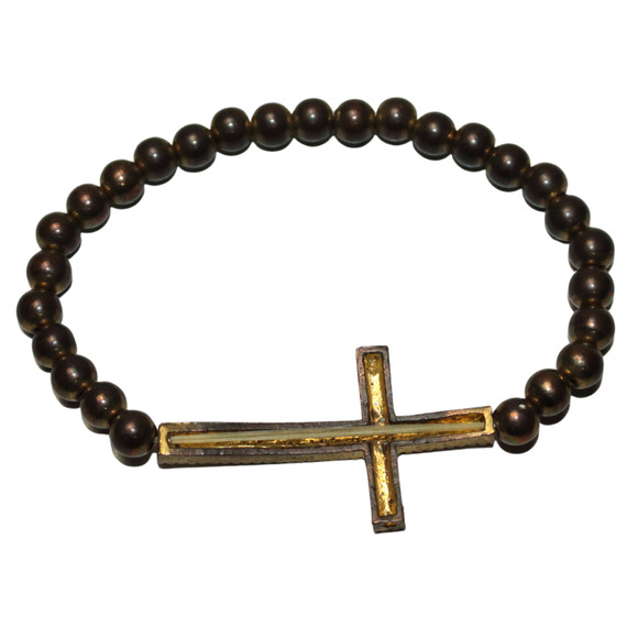 Distressed Worn Gold Tone Copper Cross Rhinestone Charm Beaded Stretch Bracelet - Picture 2 of 2